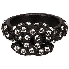 Chanel Black Toned with "CC" Crystal Rhinestone Studded Ring