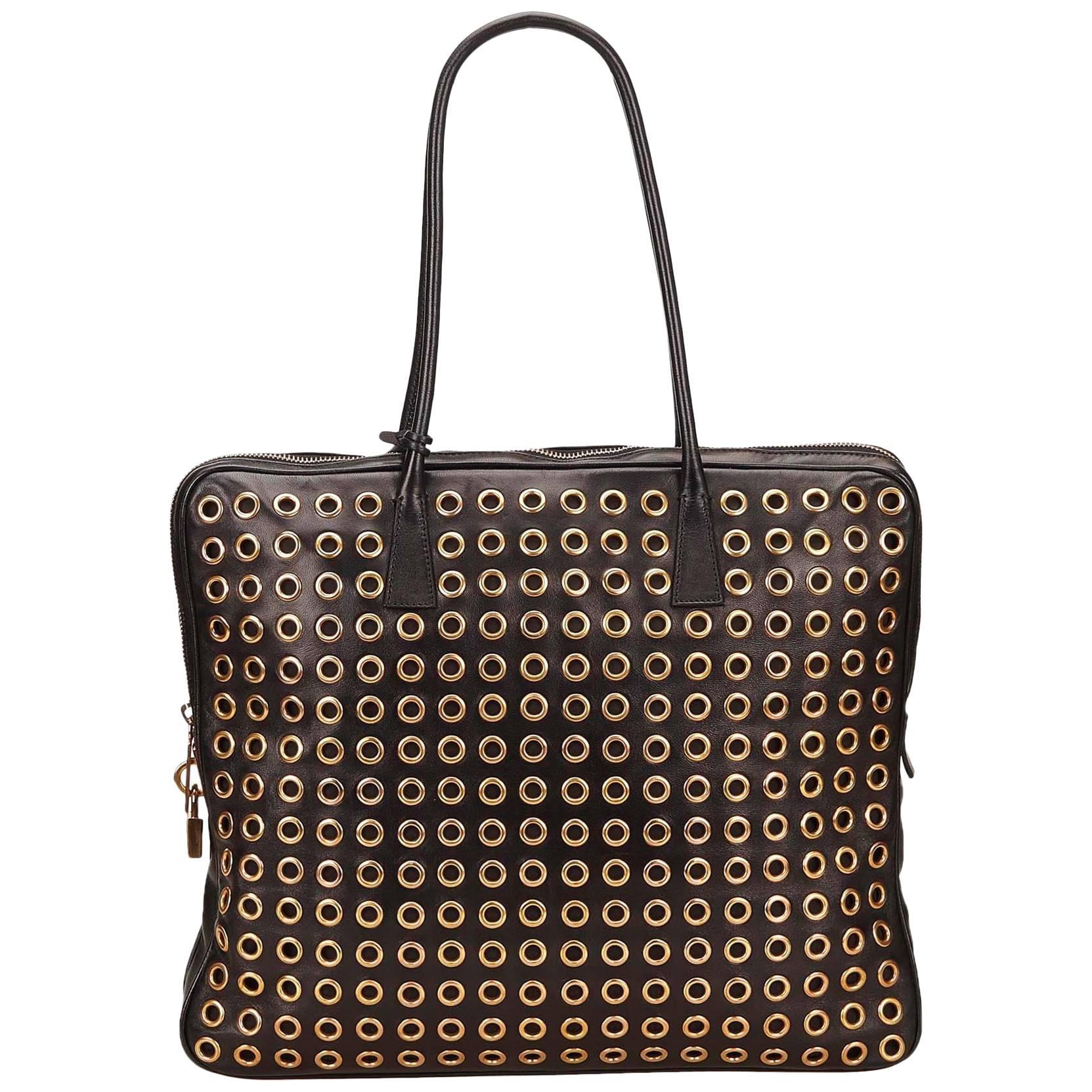 Prada Black Leather Gold Toned Eyelet Handbag