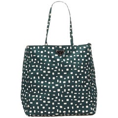 Prada Dark Green and White Pattern Nylon Tote Bag