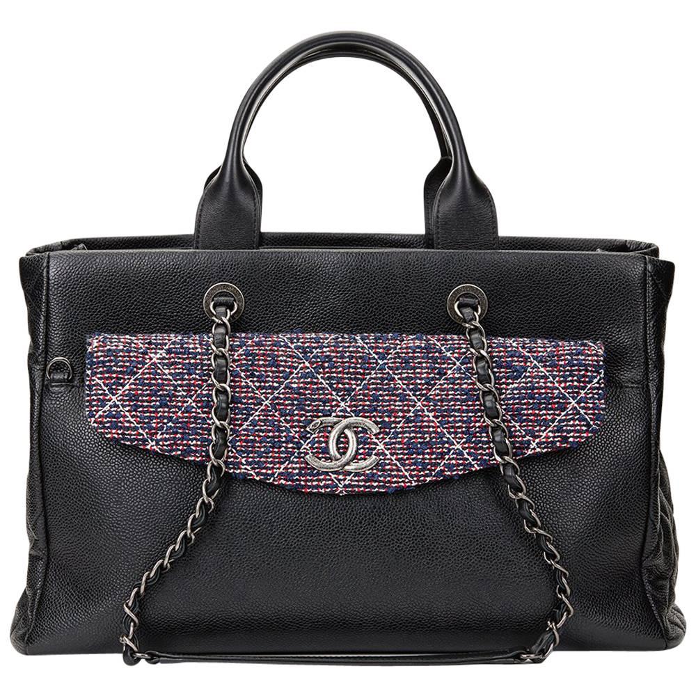2016 Chanel Black Caviar Leather Timeless Shoulder Tote & Tweed Pouch