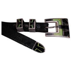 Turquoise and Onyx Inlaid Sterling Silver Buckle Set and Lizard Belt 3