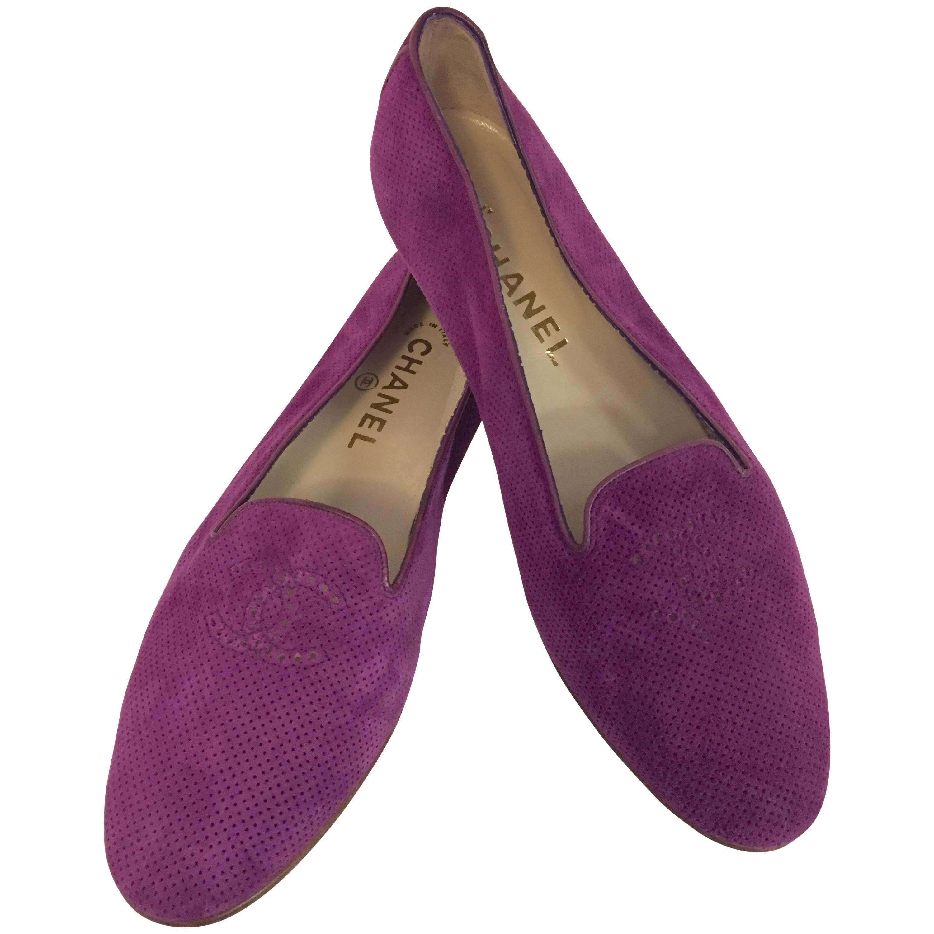 Compelling Chanel Violet Suede Loafers With Small CC on Top For Sale