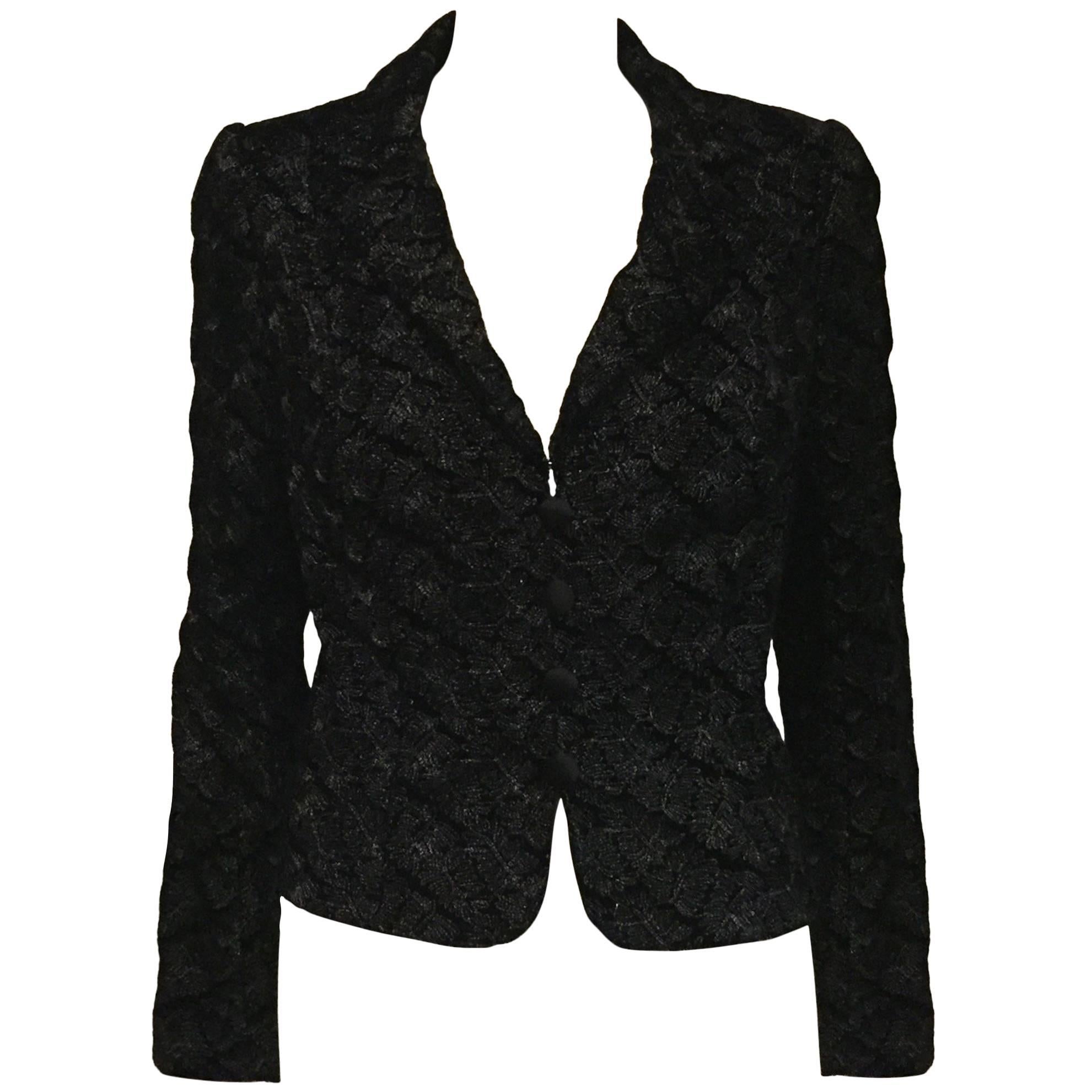Quintessential Carmen Marc Valvo Black Velvet Jacket w/ Abstract Pattern For Sale