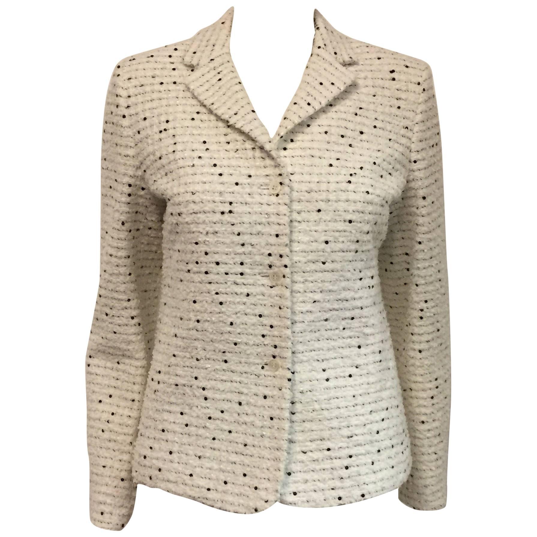 Brilliant Bernard Zins Boucle White and Black Jacket With Black Sequins Allover  For Sale