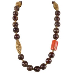 Fabulous Antique Tibetan Natural Amber Coral and Gold Beads Heirloom Necklace