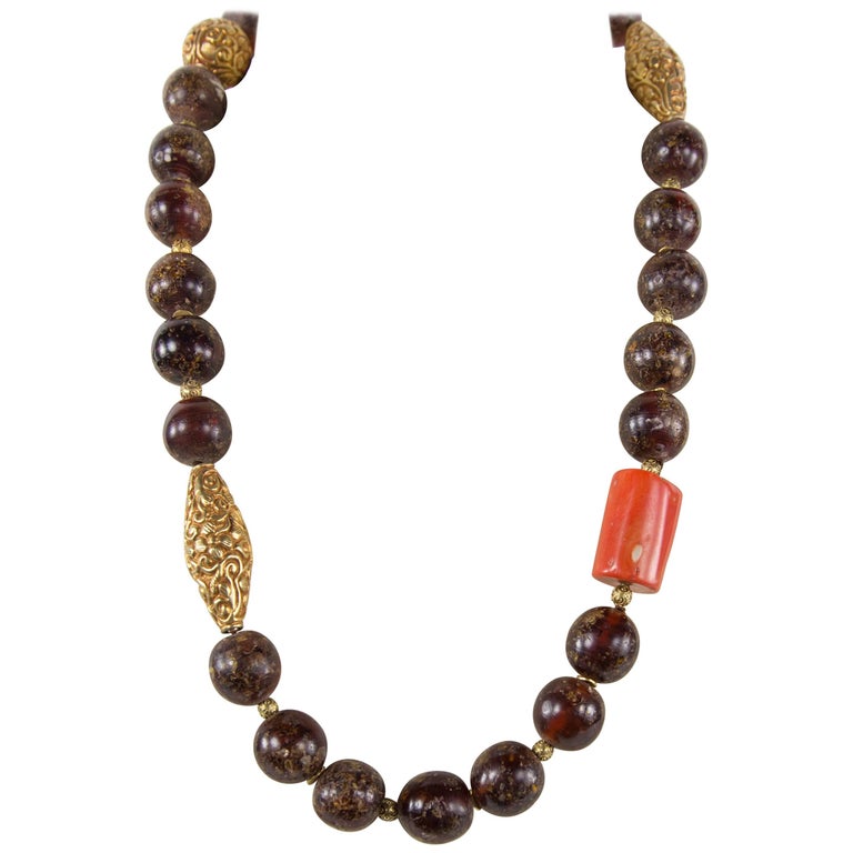 Fabulous Antique Tibetan Natural Amber Coral and Gold Beads Heirloom