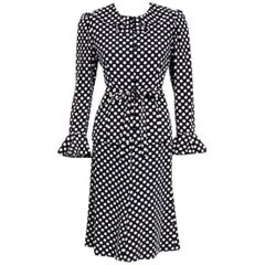 Vintage 1974 Yves Saint Laurent Documented Black White Polka-Dot Rayon Belted Dress Set