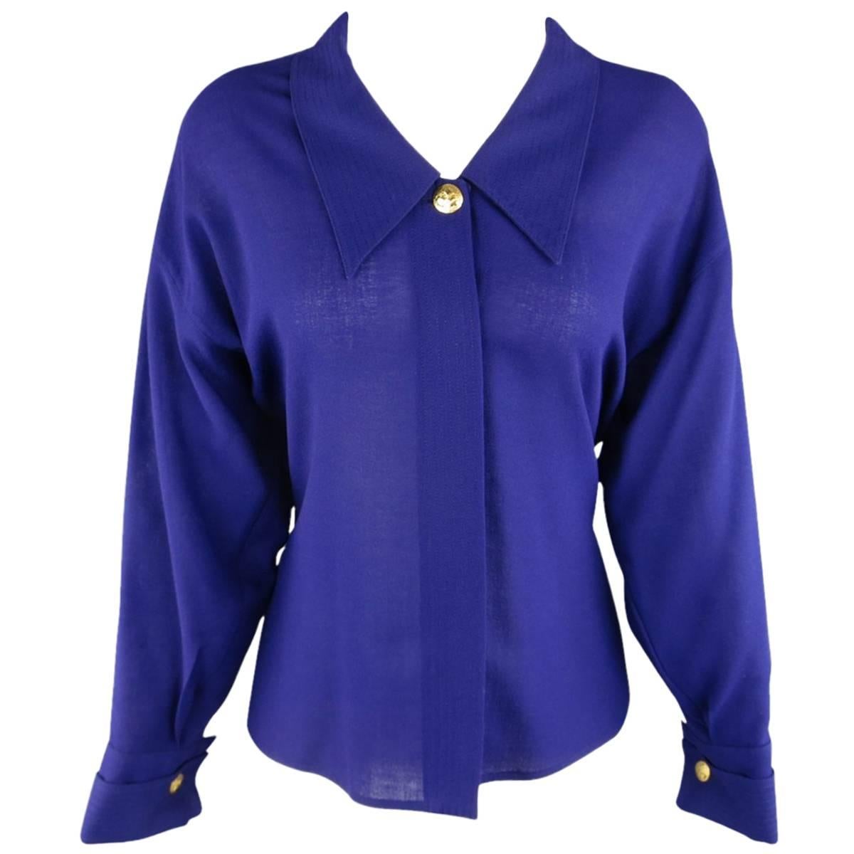 1980s GIANNI VERSACE 6 Purple Large Collar French Cuff Gold Symbol Button Blouse