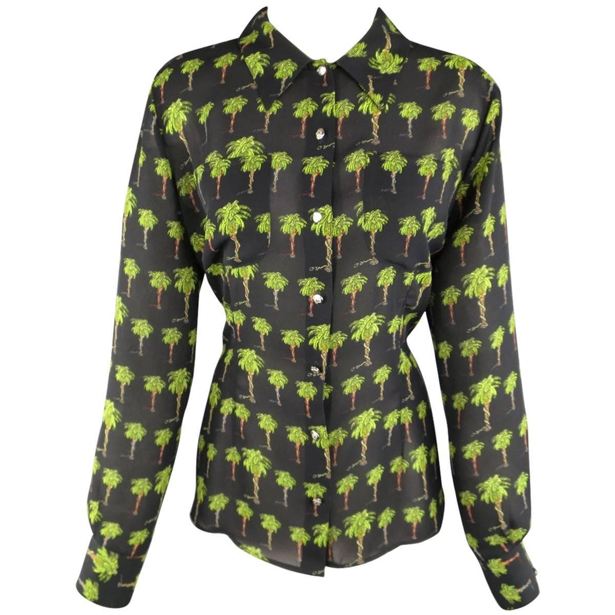 VERSACE JEANS COUTURE Size M Black & Green Palm Tree Snake Print Blouse