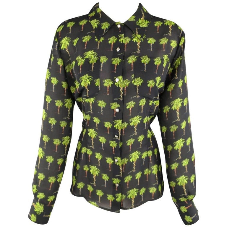 VERSACE JEANS COUTURE Size M Black and Green Palm Tree Snake Print Blouse  at 1stDibs