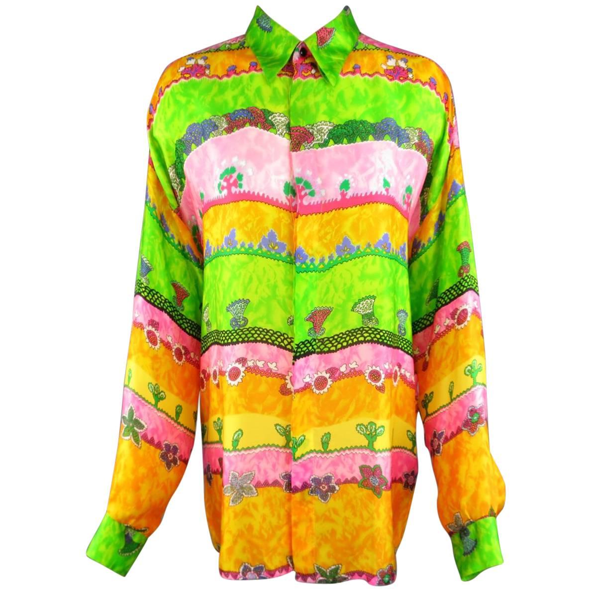 GIANNI VERSACE Size L Multi-Color Watercolor Abstract Plant Print Silk Blouse