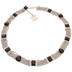 Chanel Spring 2007 Silver Multi-Chain Belt or Necklace Black Crystals CC Logo
