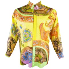 Vintage 1990s GIANNI VERSACE Size L Yellow Multi-Color Zodiac Print Silk Blouse