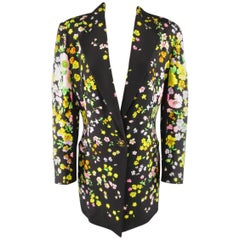 1990s GIANNI VERSACE Size 10 Black Floral Print Silk Medusa Button Blazer