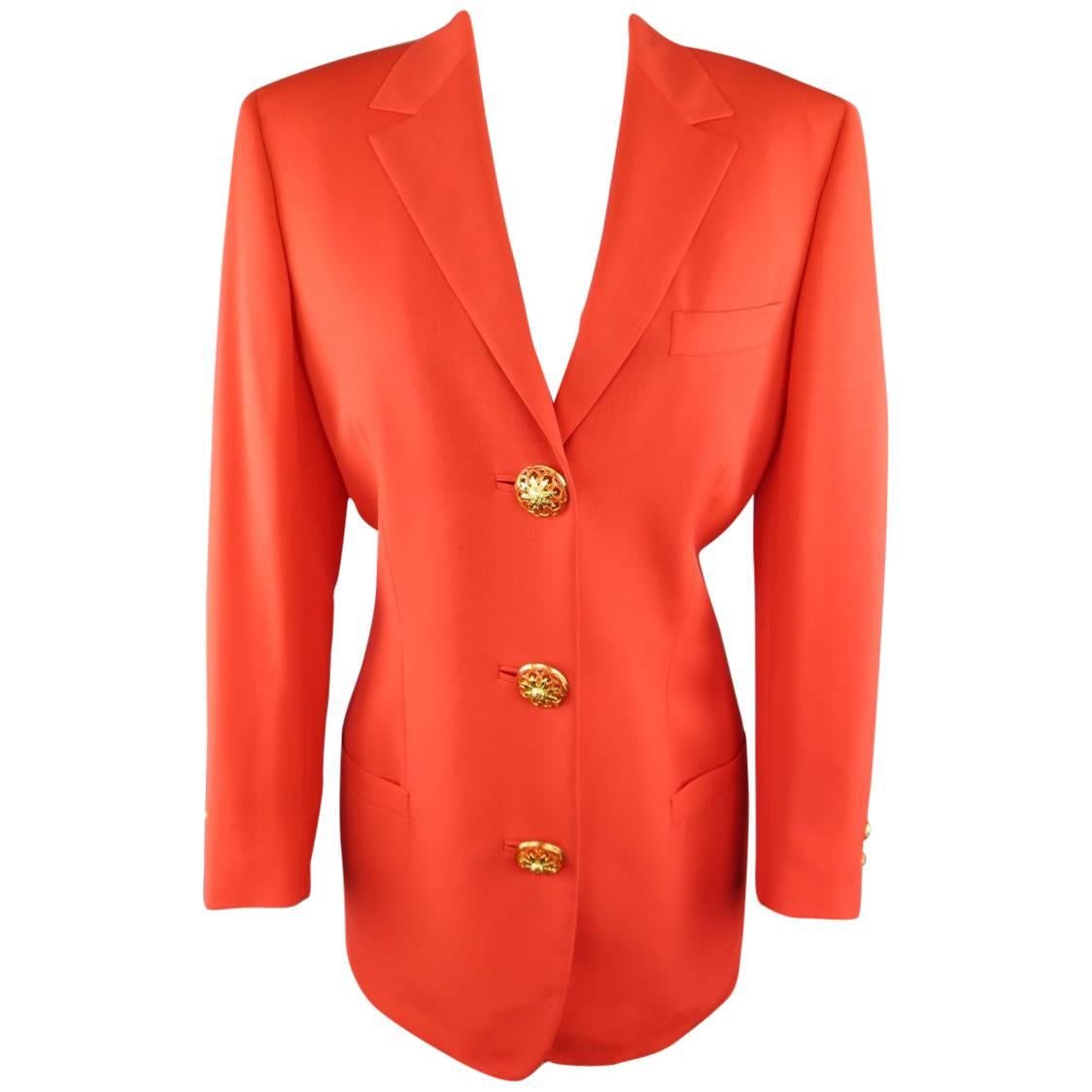 1990s GIANNI VERSACE Couture Size 8 Orange 3 Gold Medusa Button Blazer