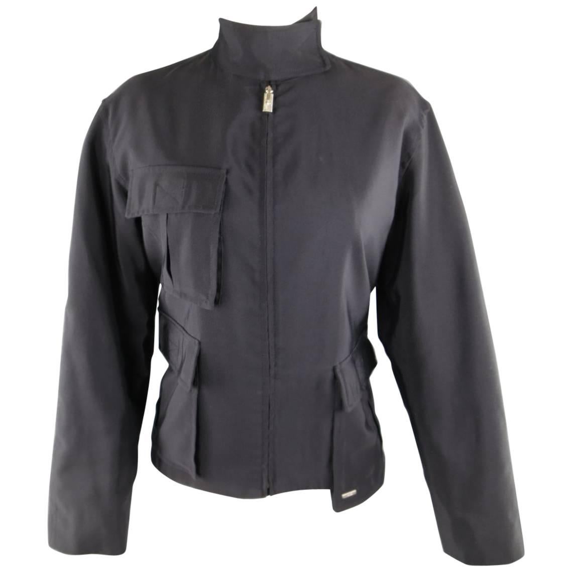 1990s GIANNI VERSACE Size 8 Black Cotton / Rayon High Collar Military Jacket