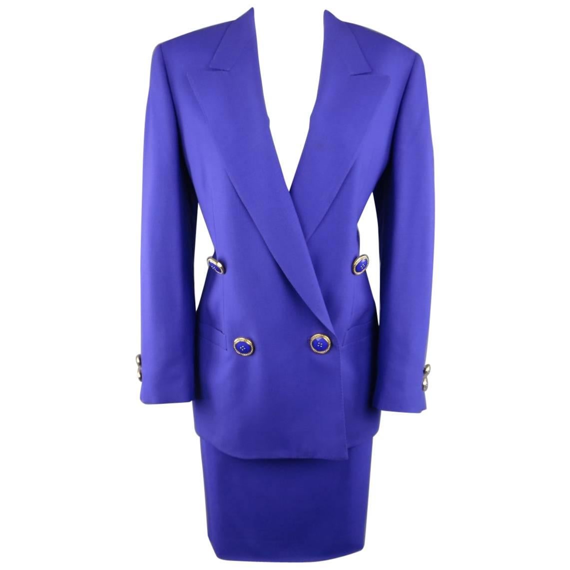 GIANNI VERSACE COUTURE 1980s Size 10 Purple Wool Double Breasted Gold Skirt Suit