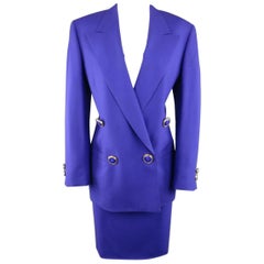 GIANNI VERSACE COUTURE 1980s Size 10 Purple Wool Double Breasted Gold Skirt Suit