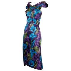 1960s Vintage Blue Watercolor Floral Print Silk Cocktail Sheath Dress ...