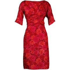 1960s Gigi Young Vintage Pink + Red Floral Print Silk Cocktail Sheath Dress