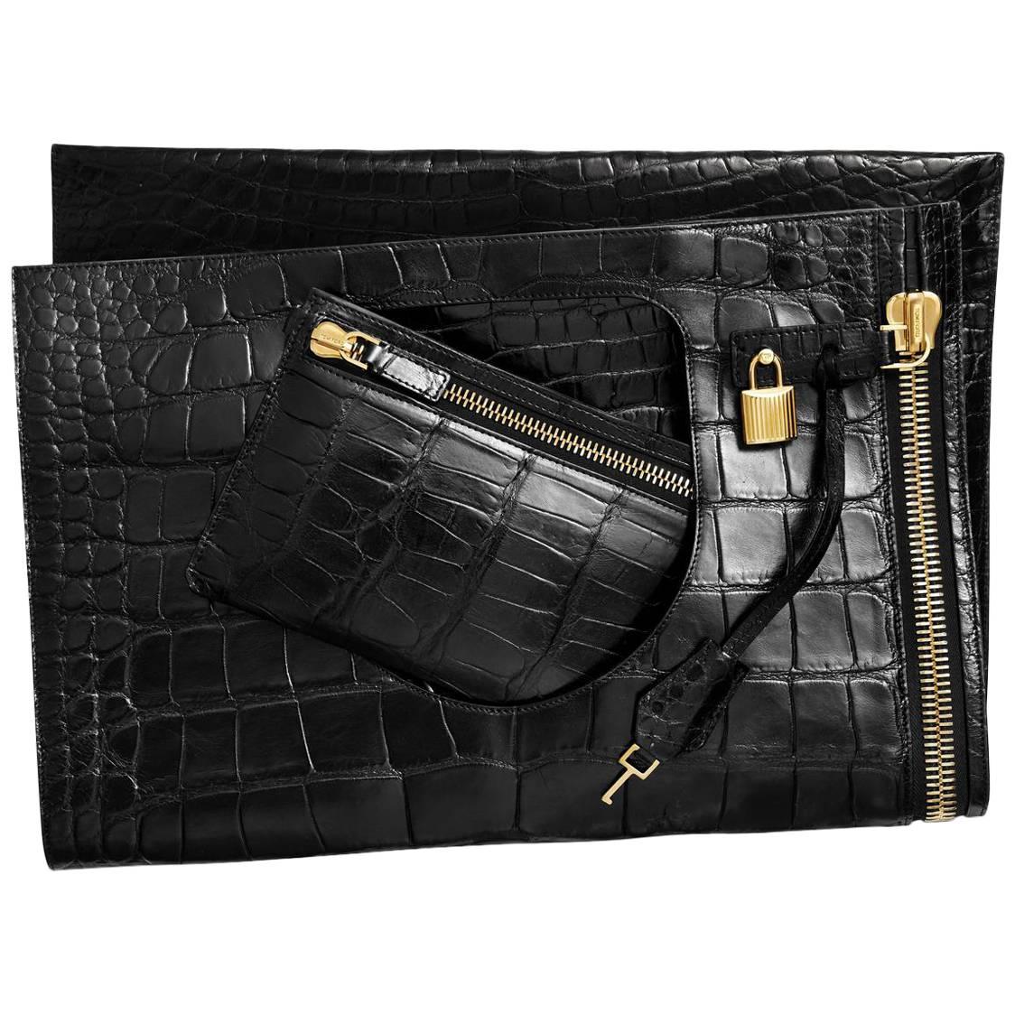 Tom Ford Black Alligator Lock Fold Evening Tote Clutch Flap Bag with Accessories