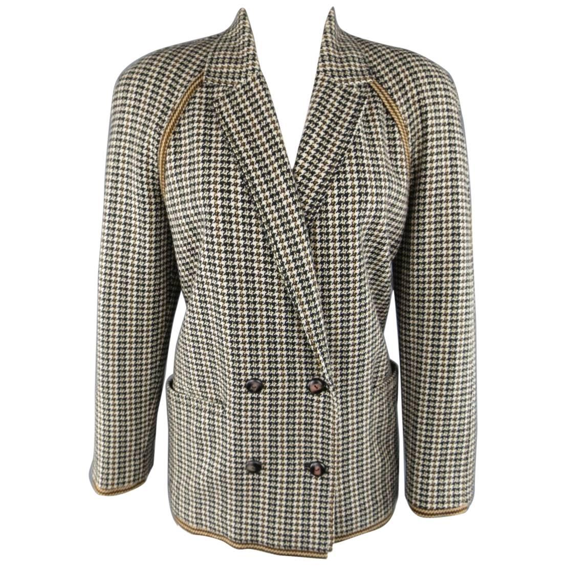GIANNI VERSACE 1980s Size 8 Beige Houndstooth Cashmere Double Breasted Jacket