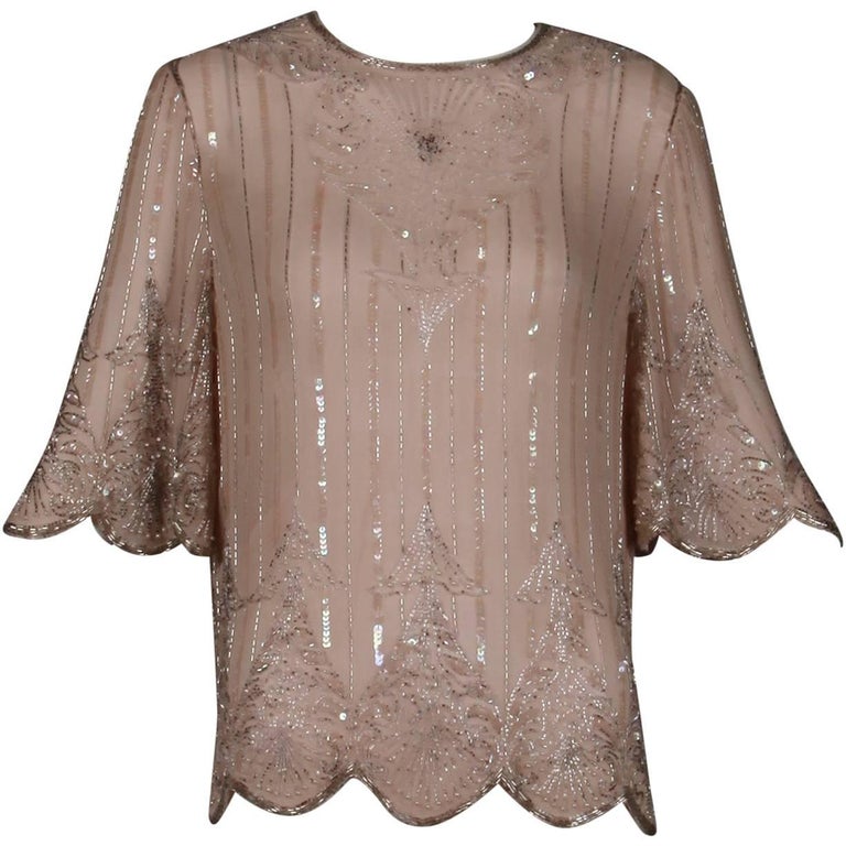 Vintage Pale Pink Silk Beaded + Sequin Flapper Dress Top or Shirt at ...