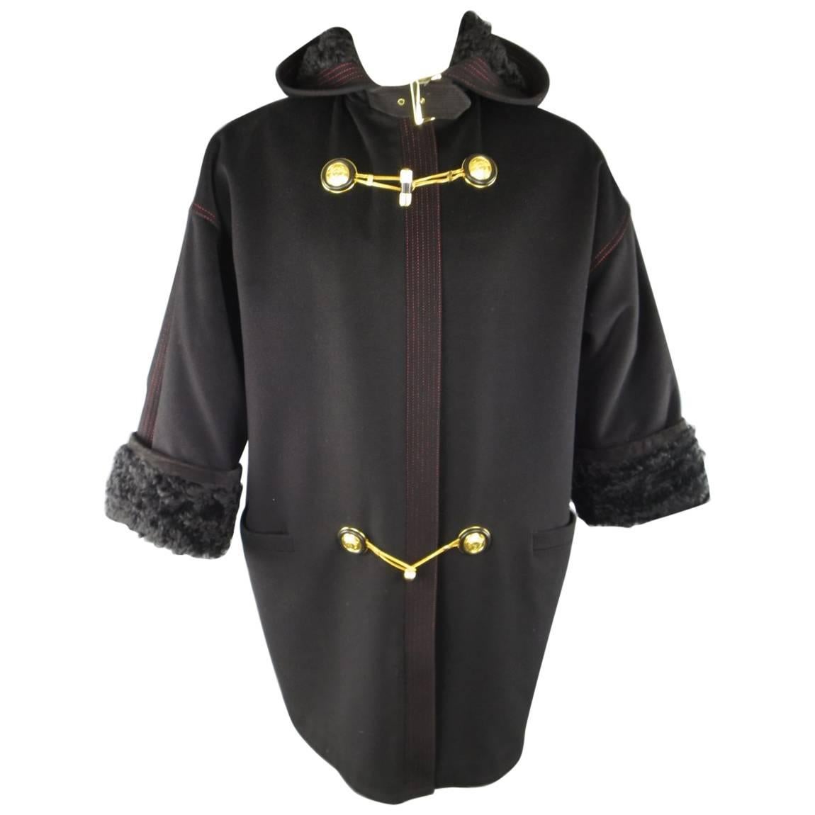 GIANNI VERSACE Size 6 Black Wool Hooded Gold Medusa Toggle Fur Cuff Coat