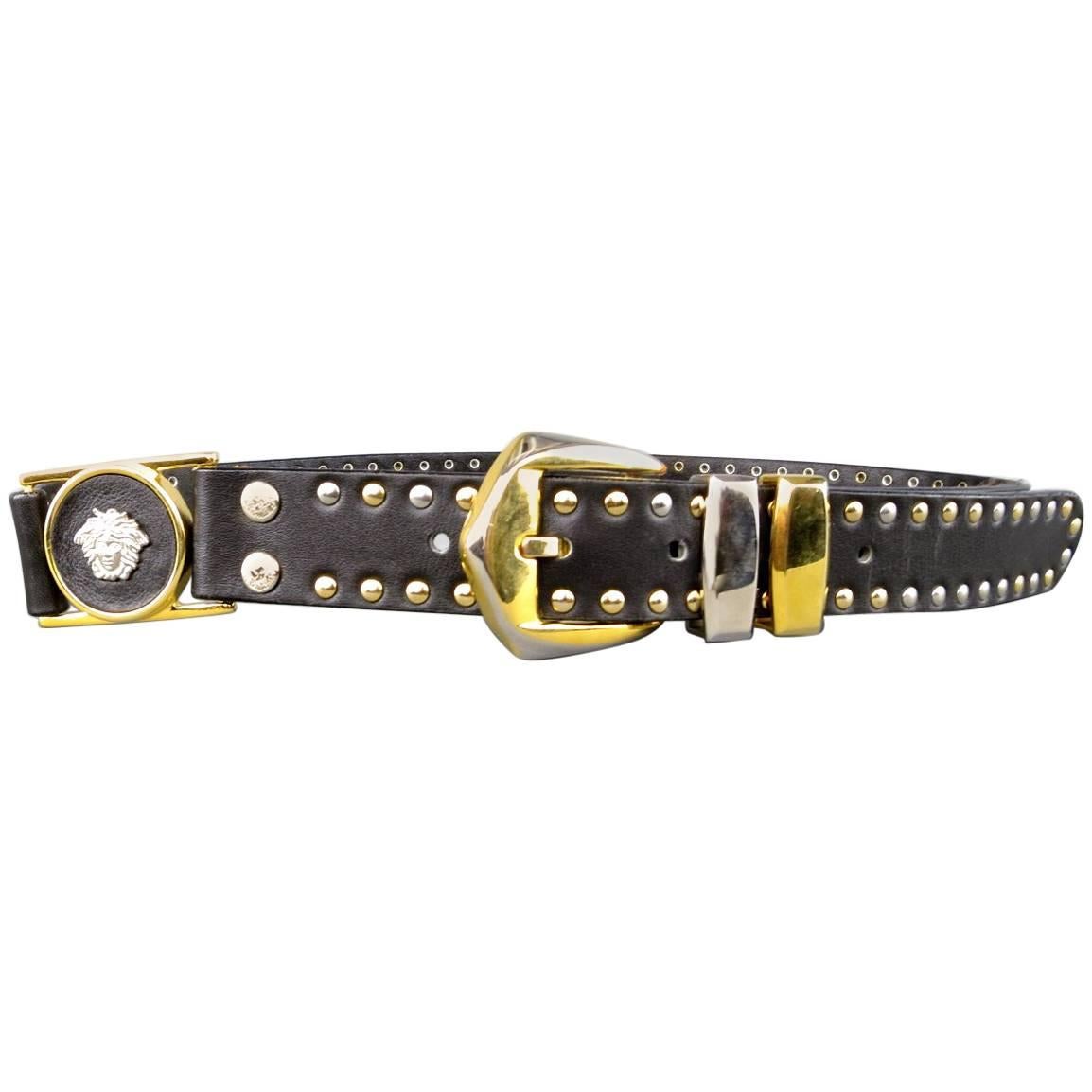 GIANNI VERSACE Size 30 Black Gold & Silver Medusa Studded Leather Belt