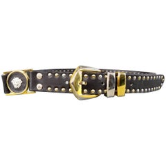 Used GIANNI VERSACE Size 30 Black Gold & Silver Medusa Studded Leather Belt