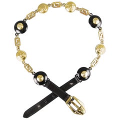 GIANNI VERSACE 32 Black & Gold Metal & Leather Medusa Chain Belt