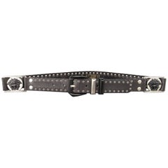 Used GIANNI VERSACE 30 Black Grommet Leather Matte Silver & Black Medusa Belt