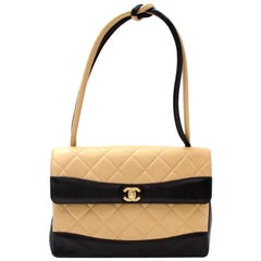 Vintage Chanel 11" Black x Beige Quilted Leather Flap Shoulder Bag