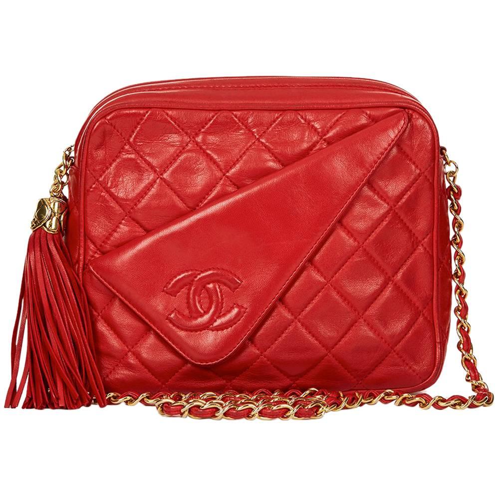 1990 Chanel Red Quilted Lambskin Vintage Camera Bag