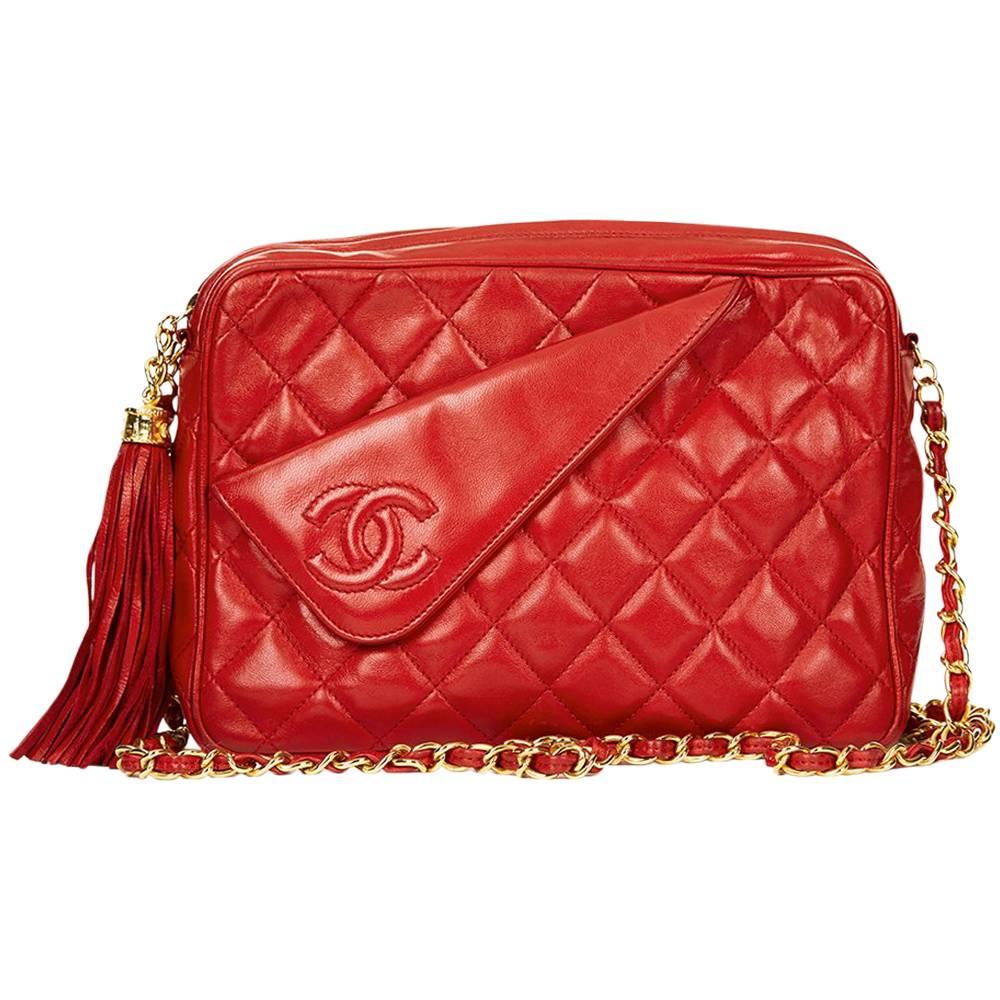 1980s Chanel Red Quilted Lambskin Vintage Camera Bag