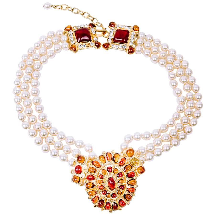 MARGUERITE DE VALOIS Byzantin Triple-Row Necklace in Pearls and Molten Glass