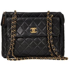 1990s Chanel Black Quilted Caviar Leather VIntage Timeless Shoulder Bag