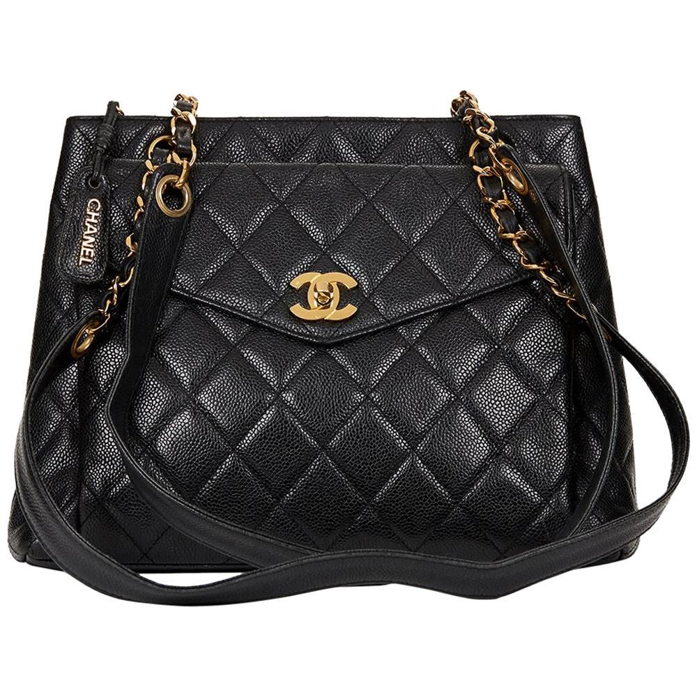 1990s Chanel Black Quilted Caviar Leather Vintage Timeless Shoulder Bag