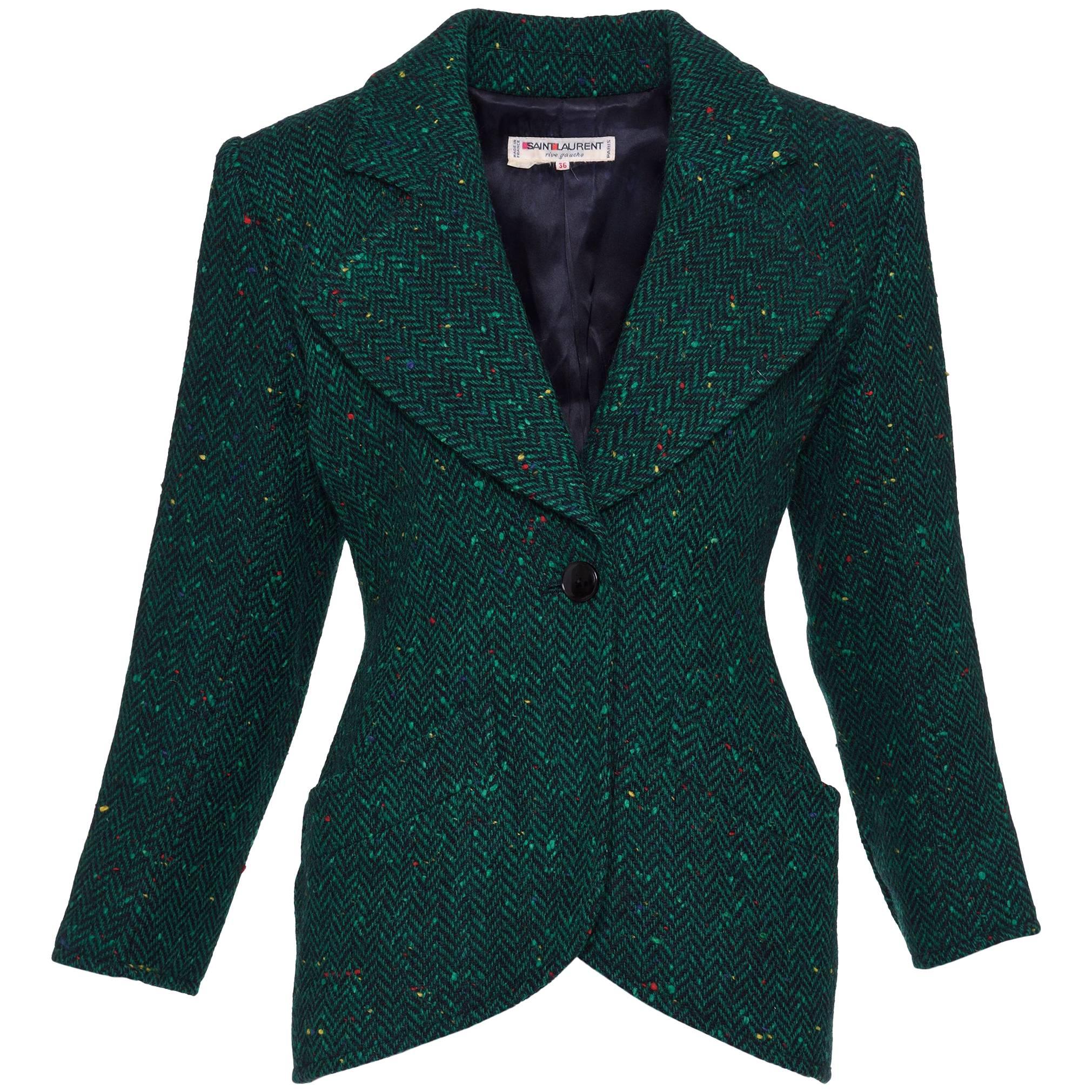 Yves Saint Laurent Rive Gauche Green Herringbone Tweed Suit Jacket, 1980s  For Sale