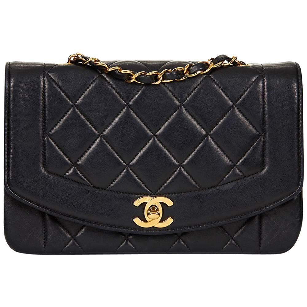 1990s Chanel Black Quilted Lambskin Vintage Small Diana Classic Single Flap Bag
