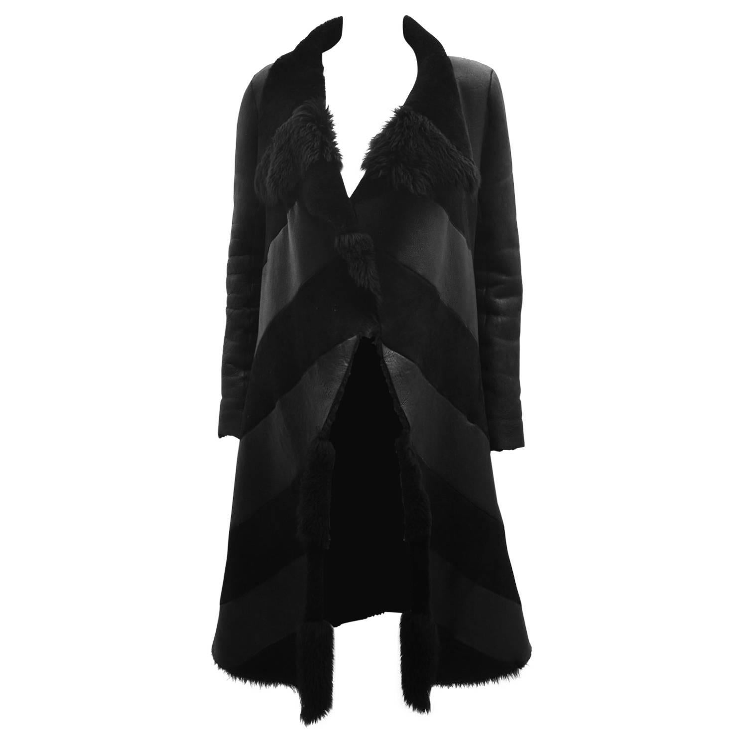 Gareth Pugh Black Open Drape Sheepskin Coat with Diagonal Stripes A/W 11