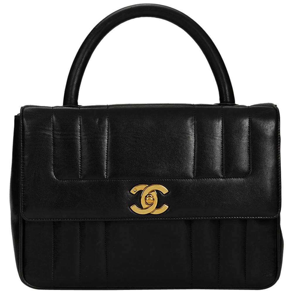 1990s Chanel Black Vertical Quilted Lambskin Vintage Timeless Kelly