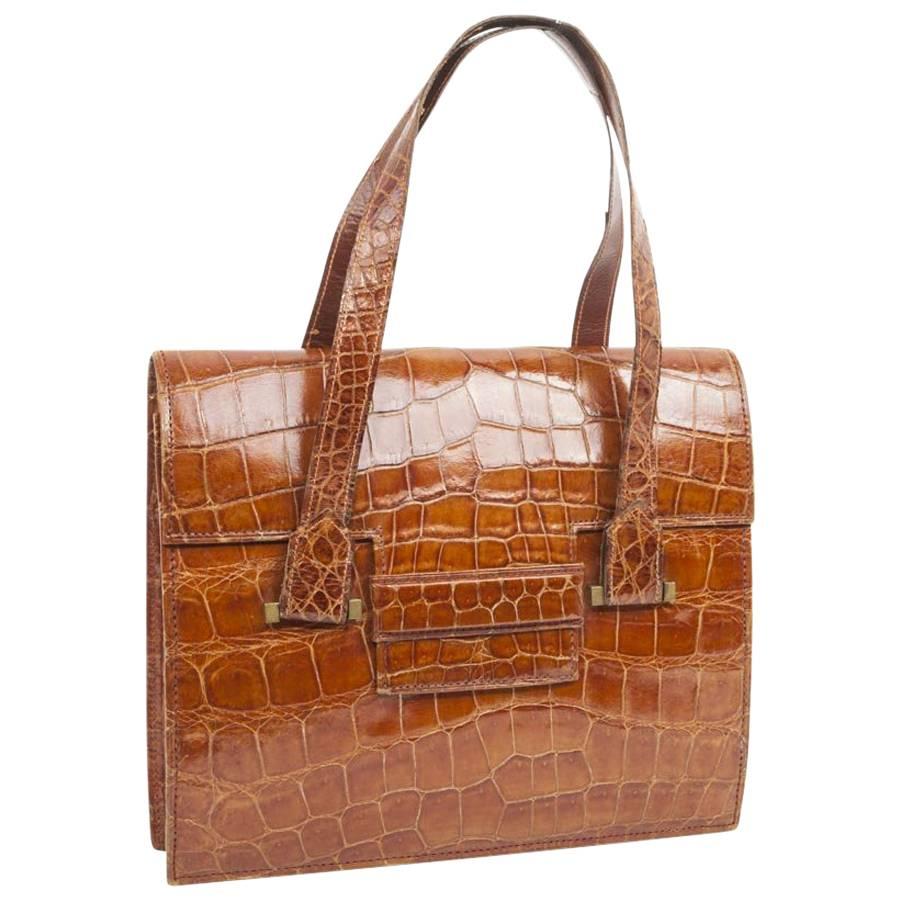 Vintage HERMES '24 Faubourg' Handbag in Camel Alligator Leather