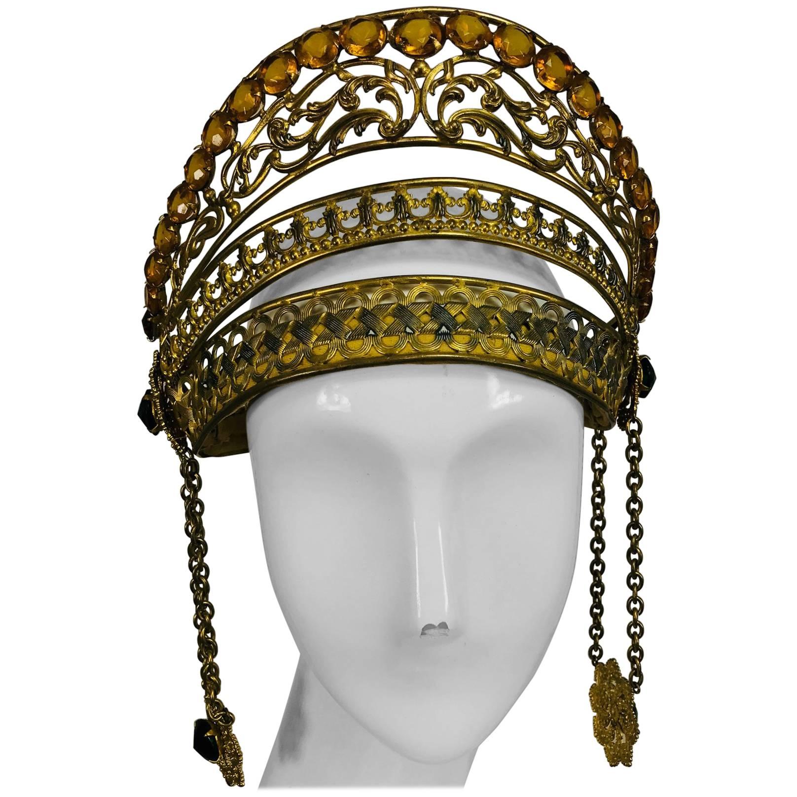 Rare Crown headdress gilt metal with jewels and side drops early 1900s
