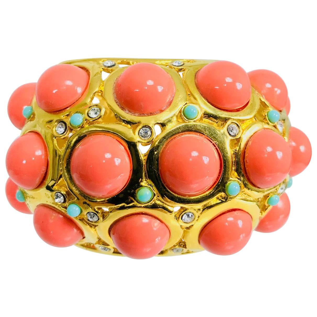 Kenneth J Lane faux coral turquoise rhinestone gold clamp cuff bracelet
