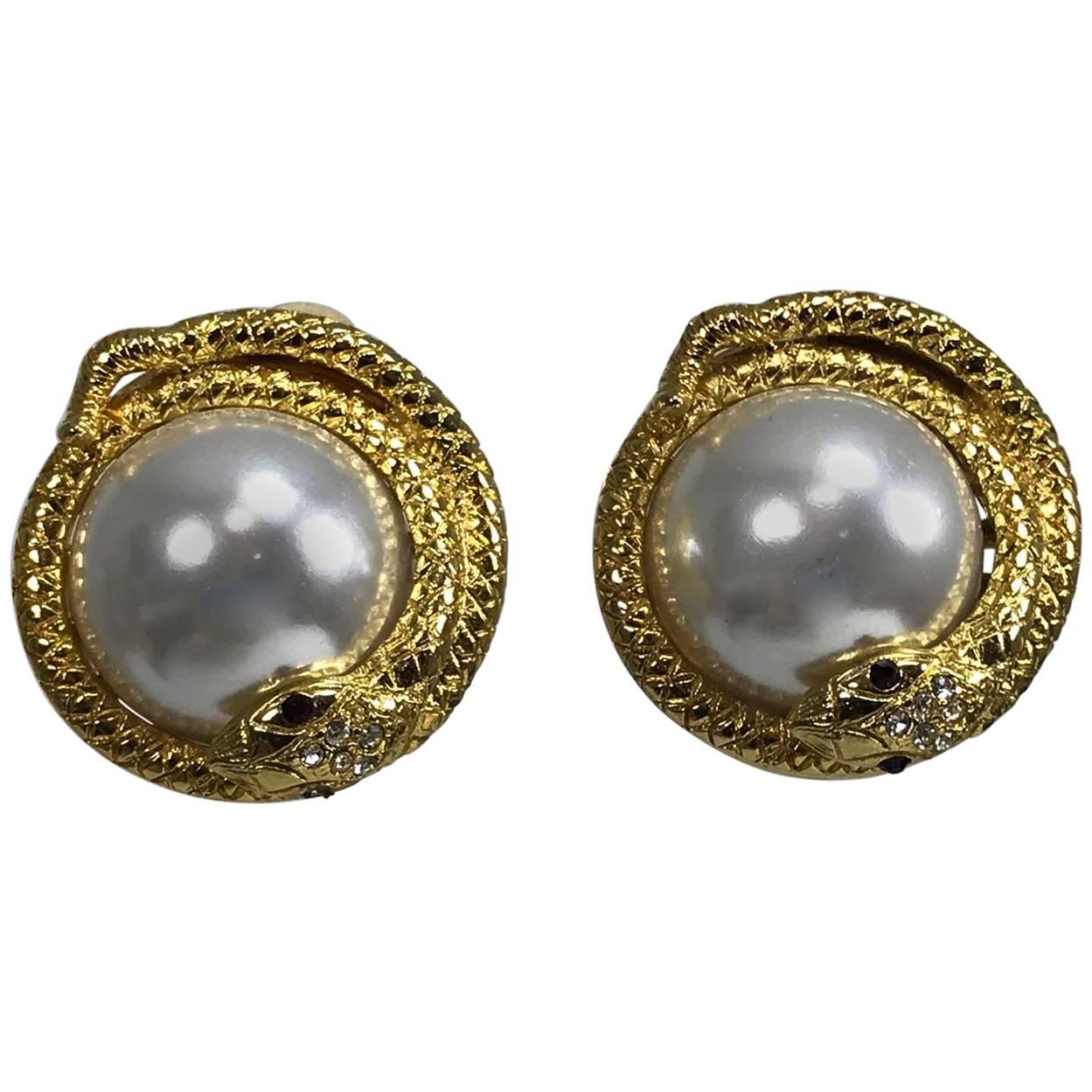 Kenneth Lane large jeweled snake with pearl earrings