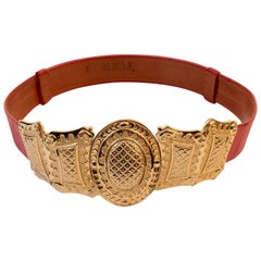 Vintage Alexis Kirk Red Snakeskin Belt with Gold Metal Byzantine Buckle 80s M/L