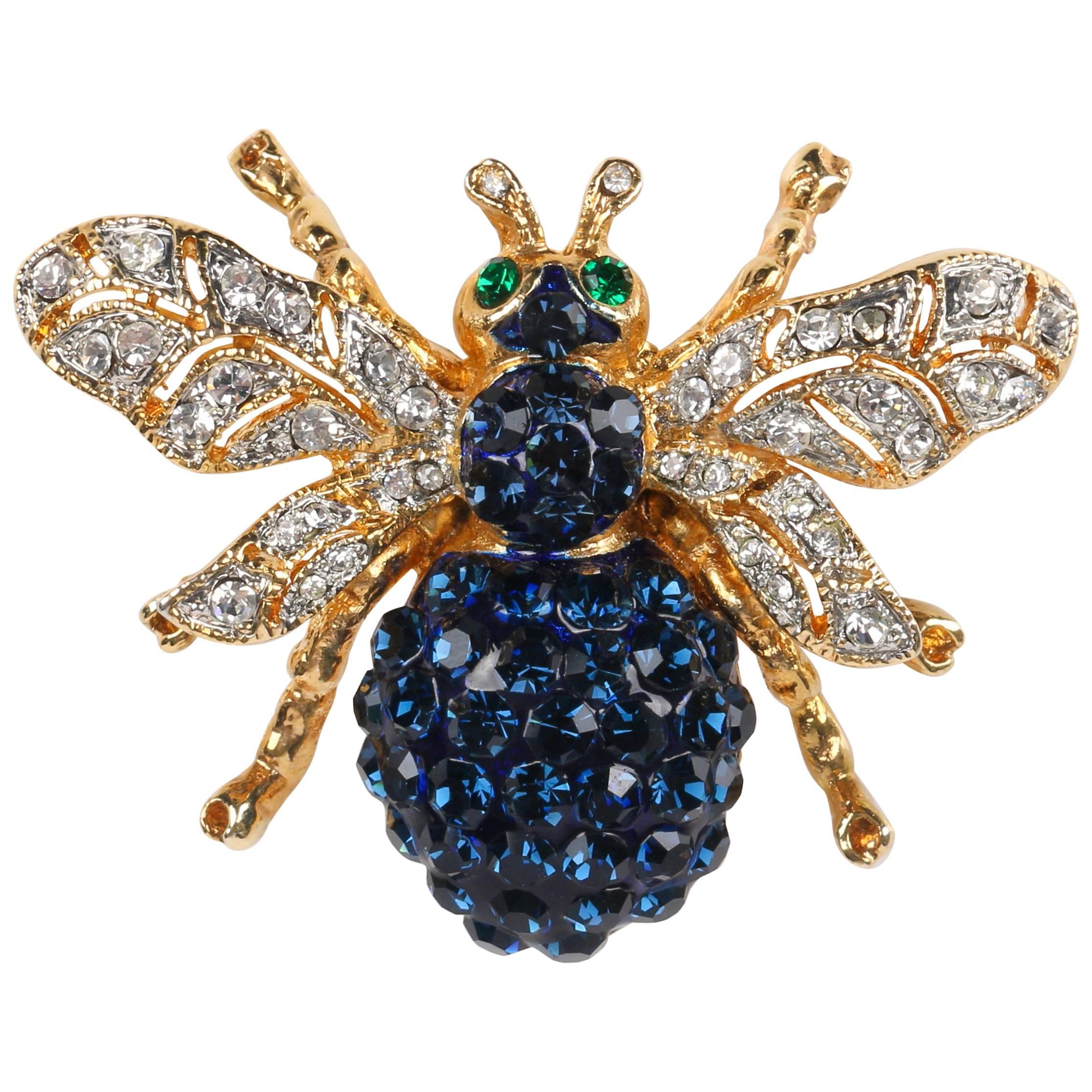 c.1990's Sapphire Blue Crystal Rhinestone & Gold Bee Bug Figural Brooch Pin