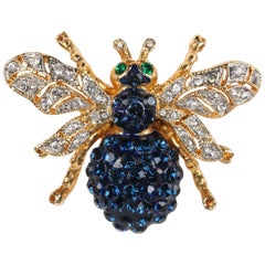 Vintage c.1990's Sapphire Blue Crystal Rhinestone & Gold Bee Bug Figural Brooch Pin