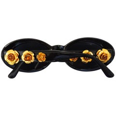 1990s Gianni Versace Black Mod Sunglasses with Gold Flower Accents 